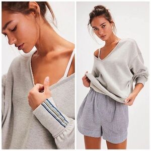 Free People Going For It Gray V-Neck Sweatshirt